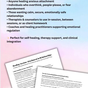 May include: A workbook titled "Healing Anxious Attachment in Relationships." The text on the cover lists the workbook's purpose: for those healing anxious attachment, overthinking, or seeking secure relationships. The workbook includes sections on emotional safety and self-trust.