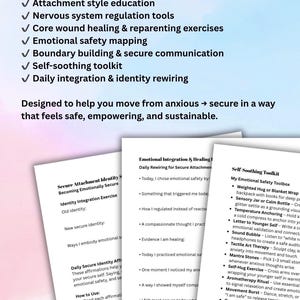 May include: A workbook with a white cover and blue text listing topics like attachment style education and self-soothing tools. The text "Designed to help you move from anxious &rarr; secure" is also visible.