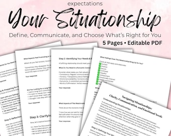 Könnte beinhalten: Ein Satz druckbarer Arbeitsblätter mit dem Titel "Your Situationship" auf rosa Hintergrund. Die Arbeitsblätter sollen Menschen helfen, ihre Bedürfnisse zu definieren, zu kommunizieren und zu entscheiden, was für sie in ihren Beziehungen richtig ist. Die Arbeitsblätter beinhalten Fragen zur Identifizierung von Bedürfnissen, zur Klärung von Grenzen und zur Reflexion über Gespräche.