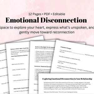 Könnte beinhalten: Ein digitales Arbeitsblatt mit dem Titel "Emotionale Diskonnektion" mit Aufforderungen zur Selbstreflexion. Das Dokument umfasst 12 Seiten und ist editierbar. Der Text ermutigt zur Erforschung von Gefühlen und zur Wiederverbindung in Beziehungen.