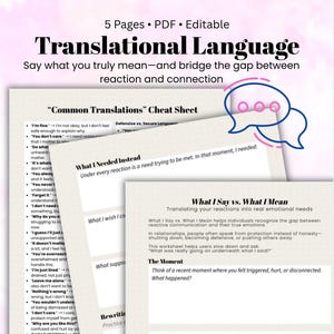Op de afbeelding: Een set afdrukbare werkbladen getiteld "Translational Language" met de tekst "Zeg wat je echt bedoelt - en overbrug de kloof tussen reactie en verbinding". De werkbladen bevatten "Common Translations" en "What I Say vs. What I Mean."