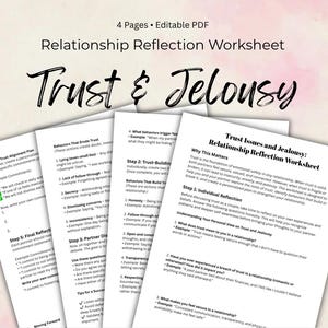 Puede incluir: Una hoja de trabajo imprimible con un fondo rosa y el título "Trust & Jealousy: Relationship Reflection Worksheet". La hoja de trabajo está dividida en secciones con encabezados como "Trust Alignment Plan", "Behaviors That Erode Trust", "Step 2: Trust-Building", "Trust Issues and Jealousy: Relationship Reflection Worksheet", "Why This Matters", "Step 1: Individual Reflection", "Understanding Your Personal View on Trust and Jealousy", y "Step 5: Final Reflection".