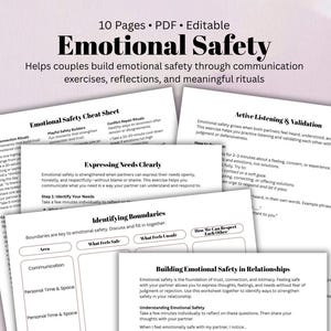 Puede incluir: Un conjunto de hojas de trabajo imprimibles tituladas "Seguridad Emocional" para parejas, con indicaciones para la comunicación y la construcción de la confianza. Las hojas de trabajo cubren temas como los límites y la escucha activa.