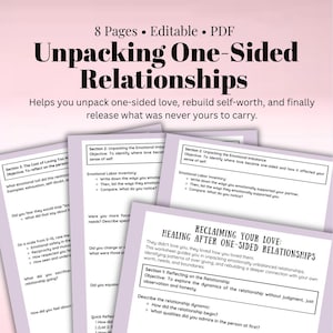 Puede incluir: Una hoja de trabajo imprimible titulada "Desempacar relaciones unilaterales" con un fondo rosa. La hoja de trabajo te ayuda a desempacar el amor unilateral, reconstruir tu autoestima y liberar lo que nunca fue tuyo para llevar. La hoja de trabajo incluye secciones sobre el costo de amar demasiado, el desequilibrio emocional y la recuperación de tu amor después de relaciones unilaterales.