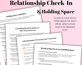 Op de afbeelding: Een PDF-document getiteld "Relationship Check-In & Holding Space" met instructies voor diepgaande dialoogvragen, aardingsrituelen en veiligheidsherinneringen. Het document is ontworpen om stellen te helpen verbinding te maken en liefde te koesteren.