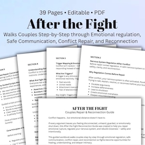 Op de afbeelding: Een 39 pagina's tellende bewerkbare PDF-gids getiteld After the Fight, met secties over emotionele regulatie, veilige communicatie, conflictherstel en herverbinding, inclusief gestructureerde stappen en begeleidende scripts voor koppels.
