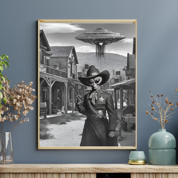 Roswell Alien Sheriff Wall Art, Old west Decor, Sci-fi Alien Outerspace, Modern Home Print Maximalist Decor Alien Lovers Gift, UFO invasion