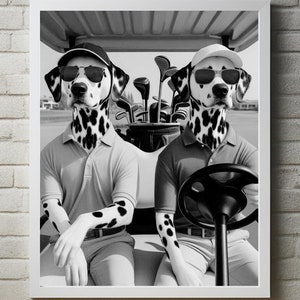 Dalmatische hond golf kunst aan de muur, golfdecor, honden rijden op golfkar print, badkamerdecor, cadeau golfliefhebbers, sportposter, digitale kunst #WA46