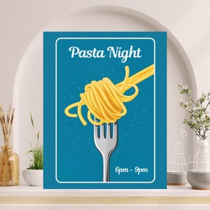 Pasta night Kitchen Wall Art, Italian cuisine poster, restaurant decor, Spaghetti on Fork Print, Minimalist Design, Pasta Lovers Gift #WA14