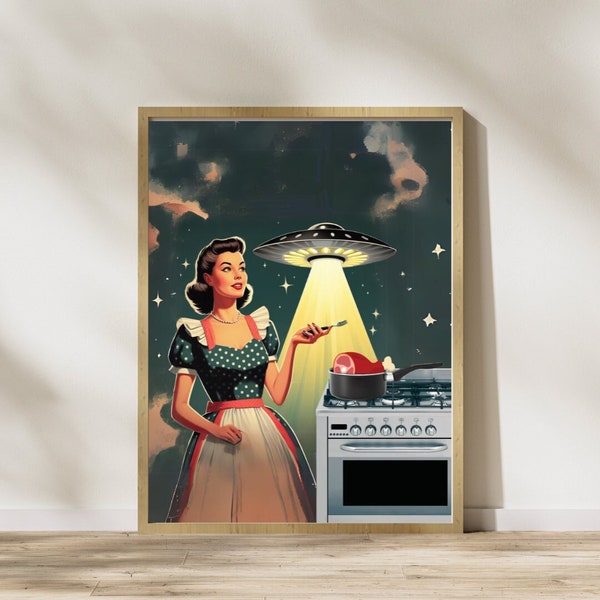 Retro Alien Encounter UFO Kitchen Wall Art, 50s housewife poster, Outerspace, Modern Home Print,   Alien Lovers Gift Vintage Sci Fi Poster