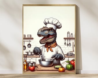 T-Rex Chef Dinosaur Wall Art, Kitchen Print: Whimsical Culinary Art, Dinosaur Print, Playroom Decor (Digital Download) #K110