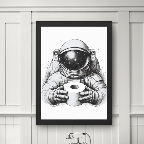Space Astronaut Bathroom Wall Art, Decor Bathroom Art for Kids, Minimalist Print Outer Spaceman holding toilet paper, Funny Sci-Fi print