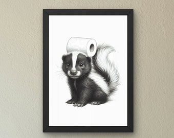 Baby Skunk Bathroom Wall Art, Decor Bathroom Art for Kids, Minimalist Print Skunk with toilet paper on head, Stinky Animal print