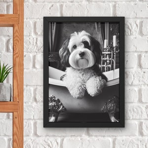 Havanese Dog in Bathtub Print: Minimalist Bathroom Wall Art (Digital Download) #BW213