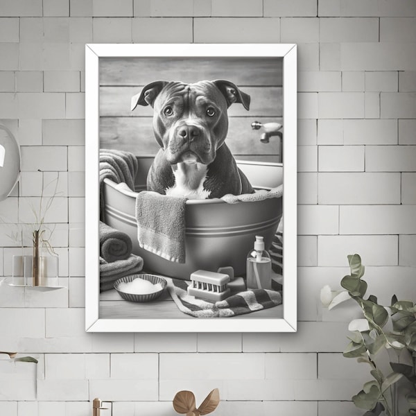 Pitbull Terrier Dog in Tub Bathroom Wall Art Pit Bull Dog taking a bath, Kids Wall Art , Modern Home Print, Minimalist Decor bathtub animals