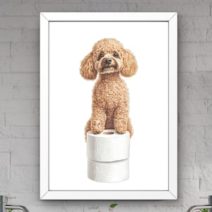 Poodle Dog Bathroom Wall Art, Decor Bathroom Art for Kids, Minimalist Poodle standing on Toilet paper, Funny Animal print, dog lovers #BW34