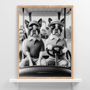 ボストンテリア犬ゴルフウォールアート、スポーツバープリント、ゴルフカート、ゴルファー、ゴルフオフィスポスター、ゴルフコースの装飾、犬好きへのギフト #WA75