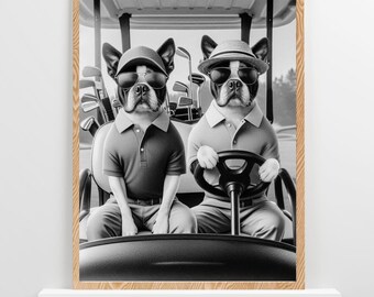 Boston Terrier Dog Wall Art, Golf Cart Print: Funny Dog Sports Bar Art, Golfer Print, Golfing Decor (Digital Download) #WA75