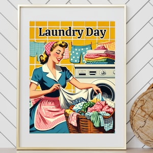 1950er Jahre Retro Wäschetag Wand Kunst | Vintage Poster Druck | Glückliche Hausfrau | Waschküche Dekor | Mid Century Dekor | Lustiges Wandbild #WA28