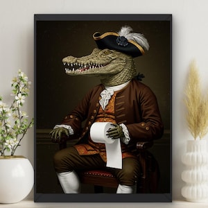 Pode incluir: Uma pintura de um crocodilo usando um chapéu de três pontas e uma jaqueta marrom, segurando um rolo de papel higiênico. O crocodilo está sentado em uma cadeira com uma almofada vermelha.