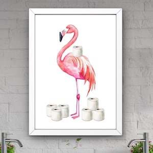 Flamingo Bathroom Wall Art, Decor Bathroom Art for Kids, Minimalist Print Flamingo standing with Toilet paper, Funny Animal print #BW82