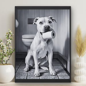 Funny Pitbull Bathroom Print: Toilet Paper Dog Art (Digital Download) #BC34
