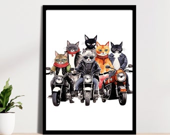 バイク猫のアートプリント：気まぐれなバイカーギャングの壁飾り（デジタルダウンロード）#FA23