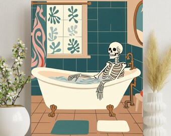 Skeleton in Tub Print: Whimsical Bathroom Wall Art (Digital Download) #BC61