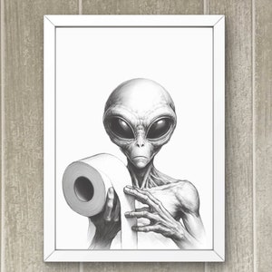 Arte divertido de pared para baño con extraterrestres: Impresión de papel higiénico, regalo para amantes de la ciencia ficción, regalo de inauguración de la casa, decoración de ovnis extraterrestres (descarga digital) #BW99
