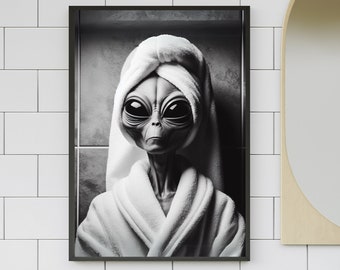 Roswell Alien UFO Bathroom Wall Art, Alien in Bathrobe Decor, Kids Bathroom Outerspace, Modern Home Print Minimalist Decor Alien Lovers Gift