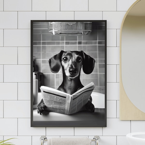 Dachshund Dog in Tub Bathroom Wall Art Weenie Dog taking a bath, reading a book Decor, Kids Wall Art , Modern Home Print, Minimalist Decor