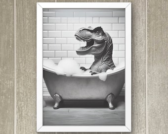 T-Rex in Tub Print: Dinosaur Bathroom Wall Art, Tyrannosaurus Rex Guest Bath Kids Decor Poster (Digital Download) #BW02