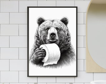 Grizzly Bear Bathroom Wall Art, Decor Bathroom Art for Kids, Minimalist Print Bear with toilet paper, Woodland Animal print
