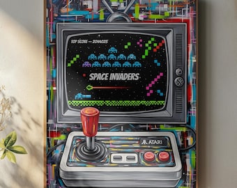 May include: A framed print featuring a retro video game theme. The artwork depicts a vintage television screen displaying "Space Invaders" and a joystick controller. The print has a colorful, pixelated aesthetic, with the text "Top Score - 204065".