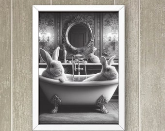 Op de afbeelding: Zwart-witte illustratie van twee konijnen die een bad nemen in een badkuip met pootjes. De konijnen bevinden zich in een luxe badkamer met een spiegel en sierlijke details.