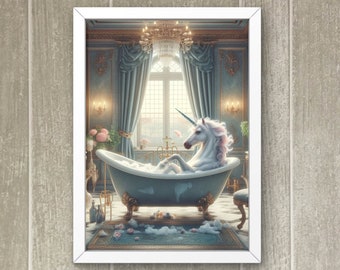 Majestueuze eenhoorn paard in bad badkamer kunst aan de muur, eenhoorn in bad muur decor, kinderkamer speelkamer, modern huis, sierlijke print #BW104