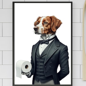 Arte de parede para banheiro com mordomo de cachorro Brittany Spaniel, animal fofo segurando papel higiênico, presente de inauguração, impressão de arte digital, amantes de cães #BW143