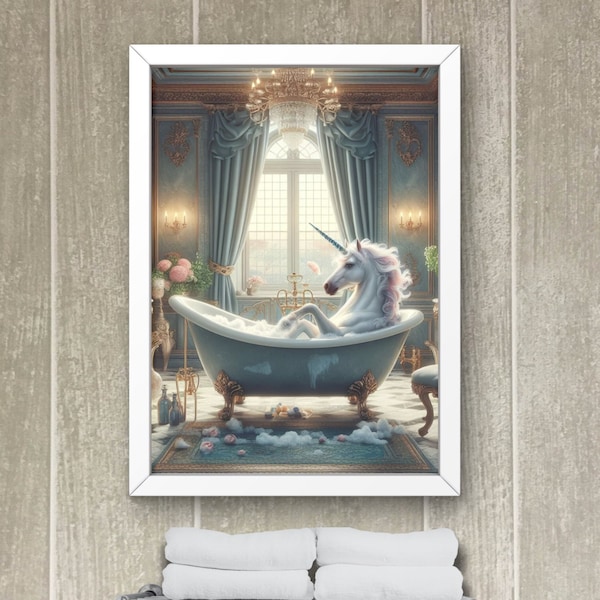 Majestic Unicorn Horse in Tub Bathroom Wall Art, Unicorn in Bathtub Wall Decor, Kids Wall Art Nursery Bathroom, Modern Home, Ornate Print