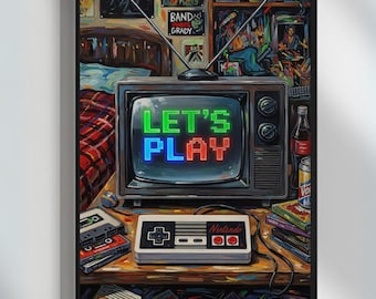 May include: A framed artwork featuring a retro television with the words "LET'S PLAY" on the screen. A classic video game controller sits below the TV, with game cartridges and cassette tapes scattered around. The artwork evokes a nostalgic gaming theme.