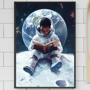 Black Boy reading on the Moon | INSTANT DOWNLOAD | Black Art | African American | Wall Art | Kids Gift | Kids Room | outer space print #BA24