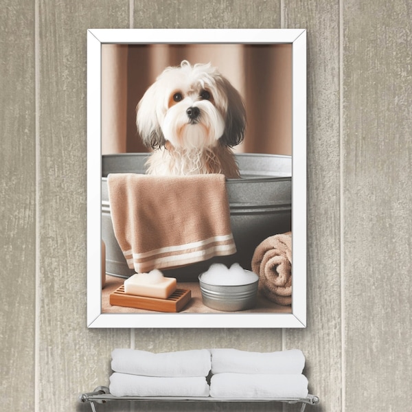 Havanese Dog Bathroom Wall Art, Havanese taking a bath Wall Decor, Kids Wall Art Bathtub, Modern Home Print, Minimalist Neutral color