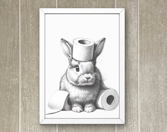 Funny Bunny Wall Art, Toilet Paper Rabbit Print: Kids Bathroom Wall Art, Bathroom Print, funny animal decor (Digital Download) #BW31