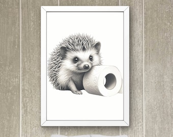 Hedgehog Bathroom Art: Funny Toilet Paper Print (Digital Download) #BW17