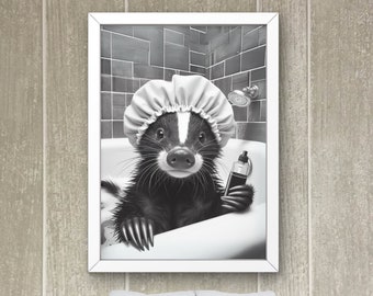 Cute Skunk Bathroom Wall Art, Skunk in bathtub Decor, Kids Wall Art Bathroom, Modern Home Print, Minimalist Decor Skunk Lovers Gift