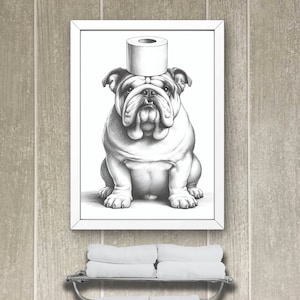 English Bulldog Bathroom Wall Art, Decor Bathroom Art for Kids, Minimalist Print Bulldog with toilet paper on head, Funny Animal print #BW59