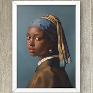 May include: A framed painting of a woman with a blue and yellow headscarf and a pearl earring. The woman is looking to the side and has a serious expression on her face.