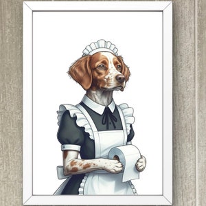 Arte de parede para banheiro com tema de empregada doméstica com cachorro Brittany Spaniel, Papel higiênico, Humor para o quarto, Presente de inauguração, Impressão para download, Presente para amantes de animais #BW137