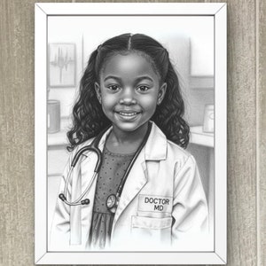 May include: Black and white pencil drawing of a young girl wearing a doctor's coat and stethoscope. The coat has "DOCTOR MD" printed on the pocket. The girl is smiling, and the artwork is framed in a white border.
