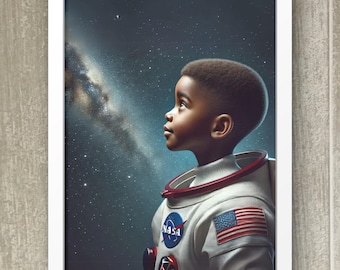 Puede incluir: Una impresión enmarcada de una persona joven con un traje de astronauta mirando hacia arriba a un cielo estrellado con una galaxia en el fondo. El traje tiene un parche de la NASA y una bandera estadounidense en el brazo.