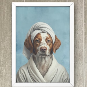 Arte de parede para banheiro e spa com Spaniel Brittany, cachorro de roupão, download digital de turbante, decoração para banheiro de hóspedes e crianças, pôster para sala de jogos infantil #BW189